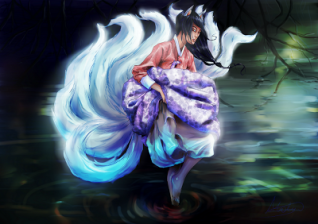 The Kumiho is a Korean nine-tailed fox. Image: Gumiho by canitiem at deviant art.